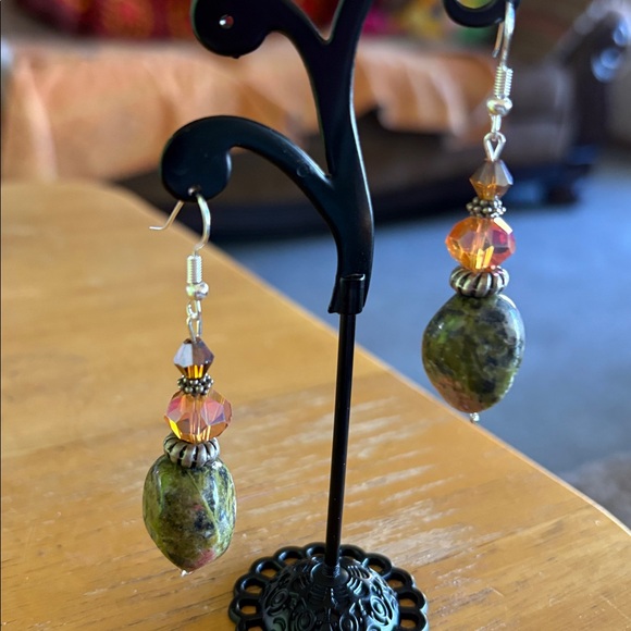 Hand Crafted Jewelry - Green and orange stone Dangle Earrings